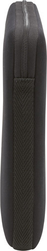 Schwarzes gepolstertes Etui mit Reißverschluss und einem dunklen, strukturierten Streifen an der Seite.
