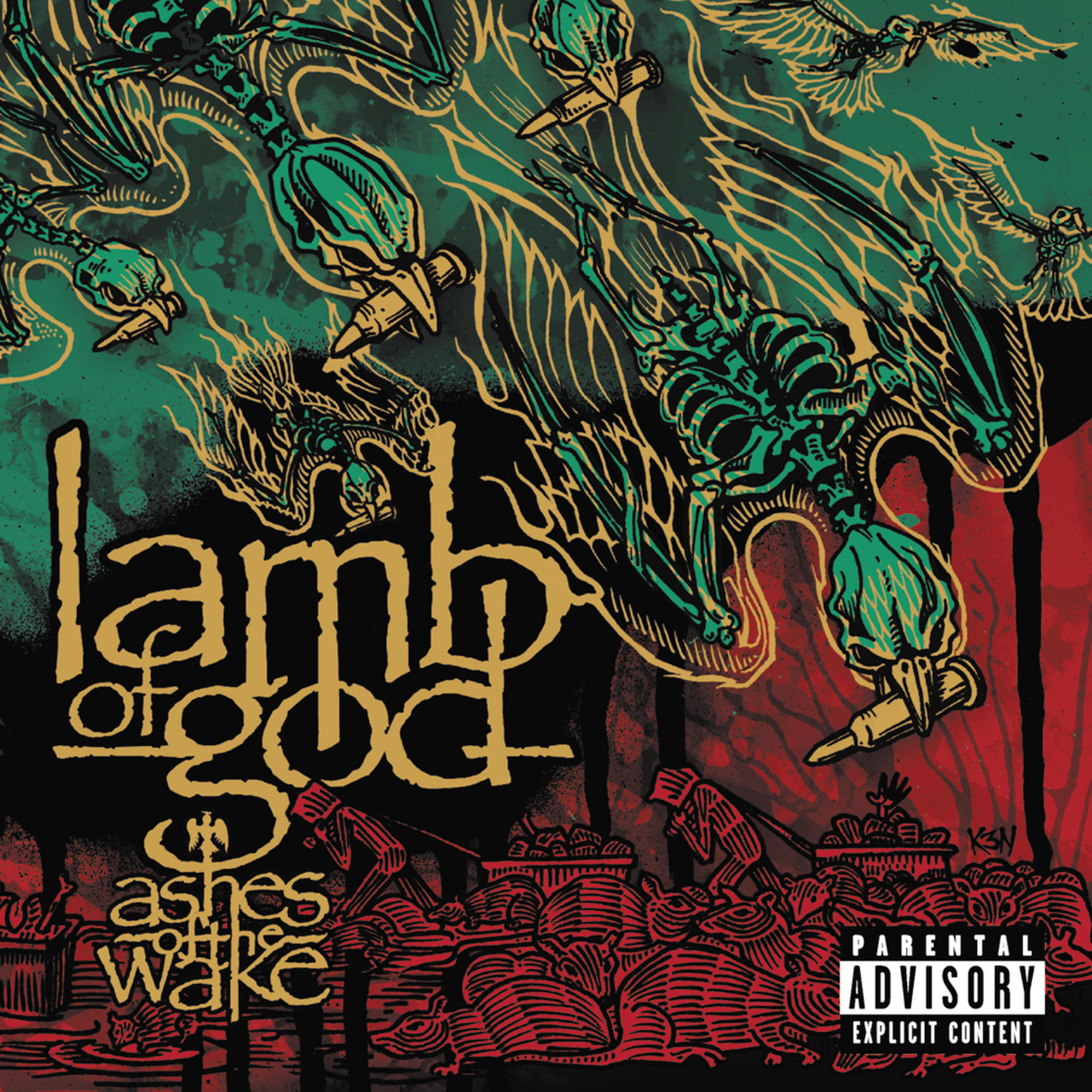 Albumcover für Lamb of Gods Album 'Ashes of the Wake', mit grafischer Kunst.