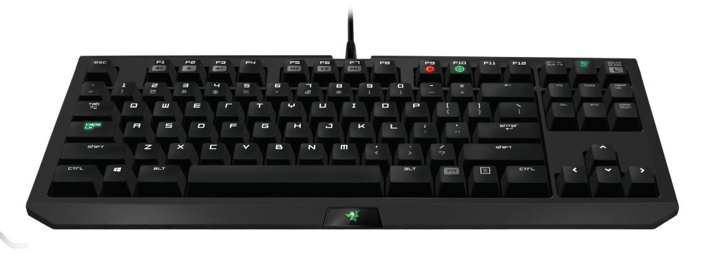 Schwarze Razer-Tastatur mit grün hinterleuchteten Tasten und grünem Razer-Logo.