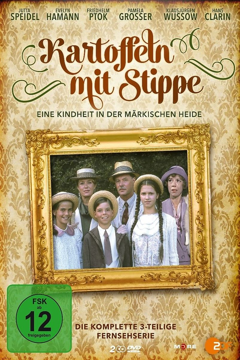 DVD-Cover für 'Kartoffeln mit Stippe'. Familie in einem gerahmten Bild. Titel in Schrift und Logo.