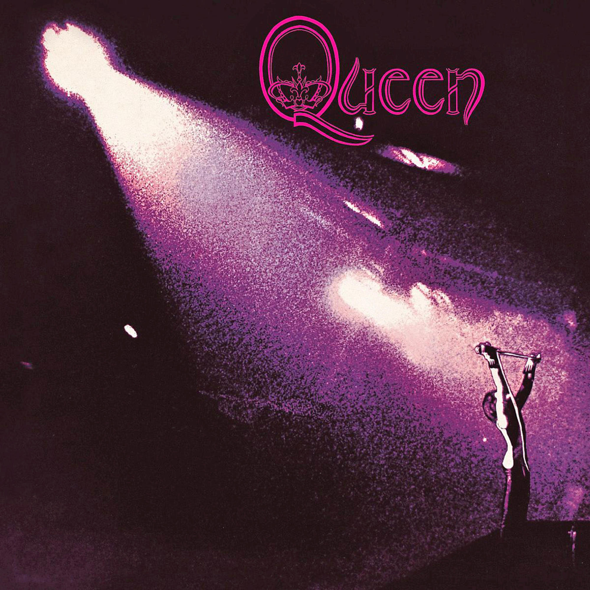 Pochette d'album de Queen avec un projecteur sur une figure.