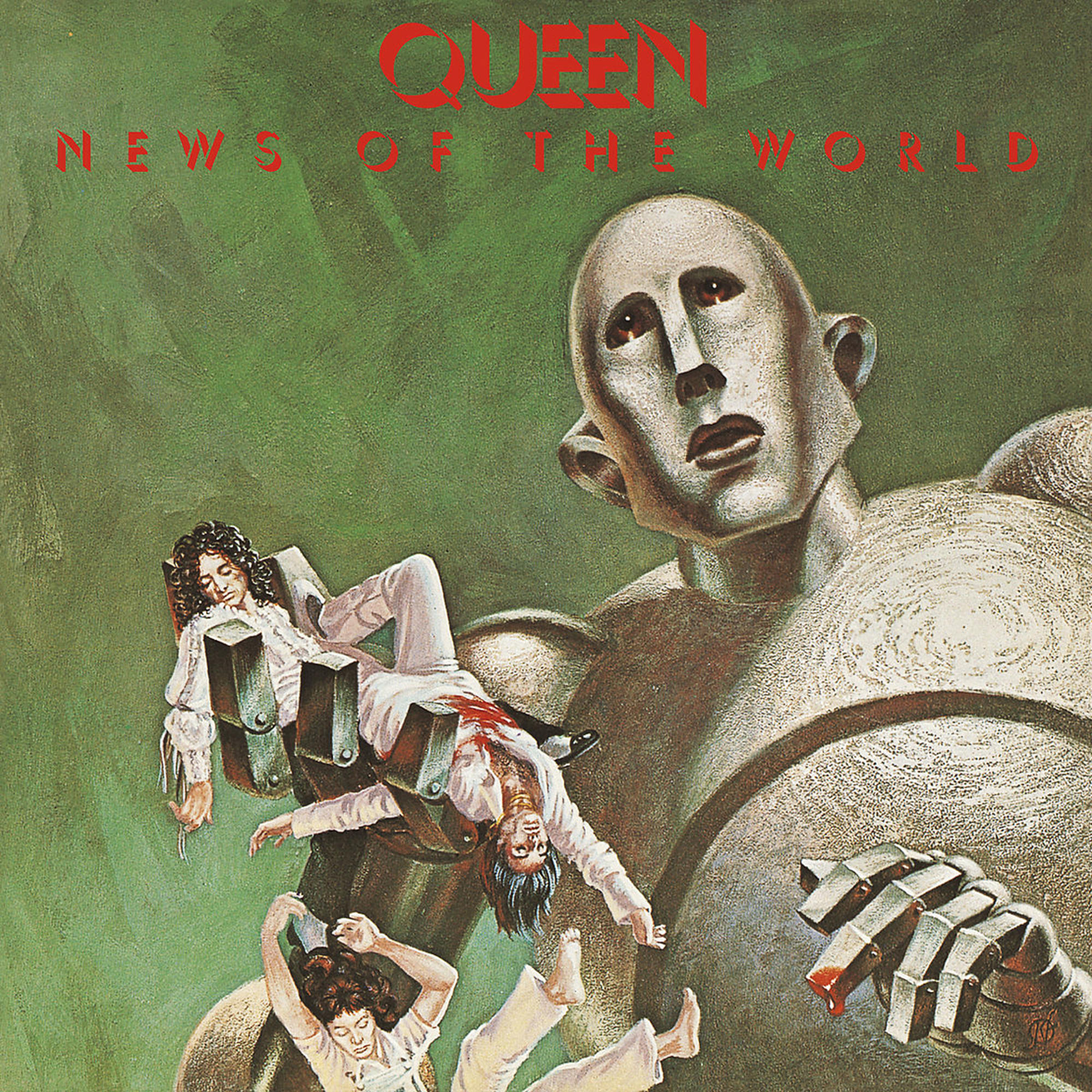 Albumcover. Ein großer Roboter hält zwei Personen. Der Titel lautet News of the World von Queen.