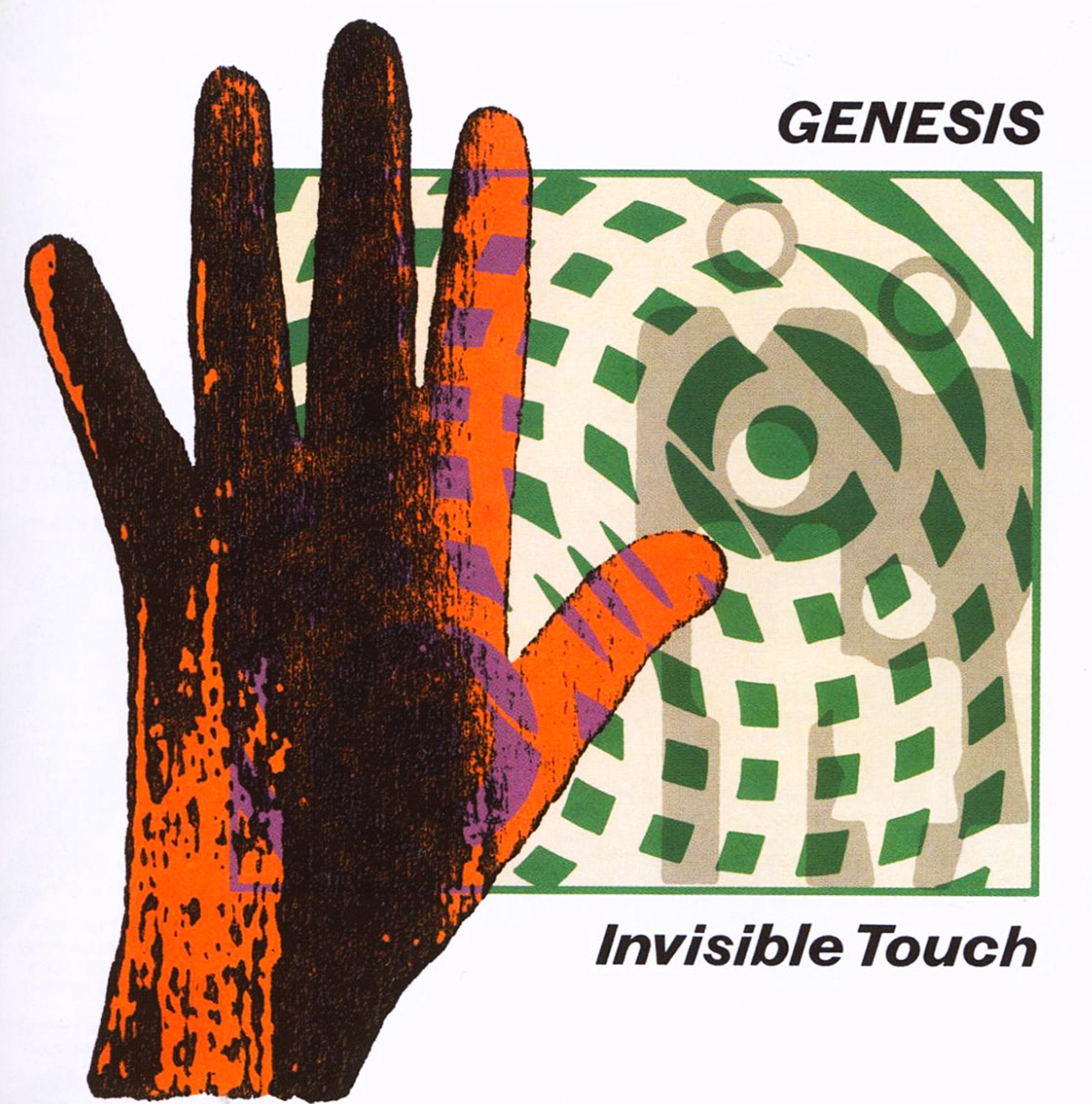 Albumcover. Eine schwarze Hand mit orangefarbenen und violetten Akzenten greift nach einem grün-weißen Muster.