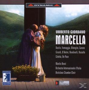 Opern-CD-Cover, Paar in Umarmung, Titel: MARCELLA, Text über Oper. Hintergrund ist eine Landschaft.