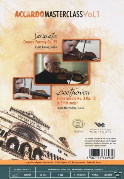 DVD-Cover mit Bildern von Geigern, Text 'Accardo Masterclass' und 'Beethoven'.