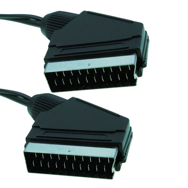 Zwei schwarze SCART-Kabel mit schwarzen Steckern, nebeneinander, vor weißem Hintergrund.