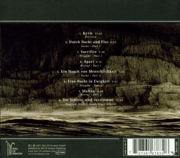 CD-Rückseite. Dunkler Hintergrund, Trackliste und Text: Kyrie, Durch Nacht und Flut, Eine Nacht in Ewigkeit.