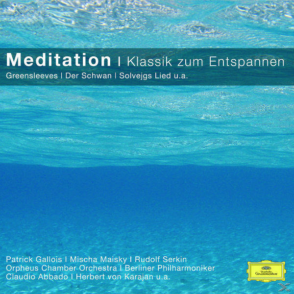 Albumcover: Blaue Wasseroberfläche über dunklerem Blau unter Wasser. Text: Meditation, Greensleeves und Namen.