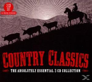 Silhouette eines Cowboys auf einem Pferd, Bullen und Text 'Country Classics' auf einem CD-Cover.