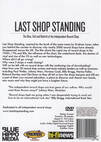 DVD-Cover für Last Shop Standing. Text und Menschen in einem Plattenladen.