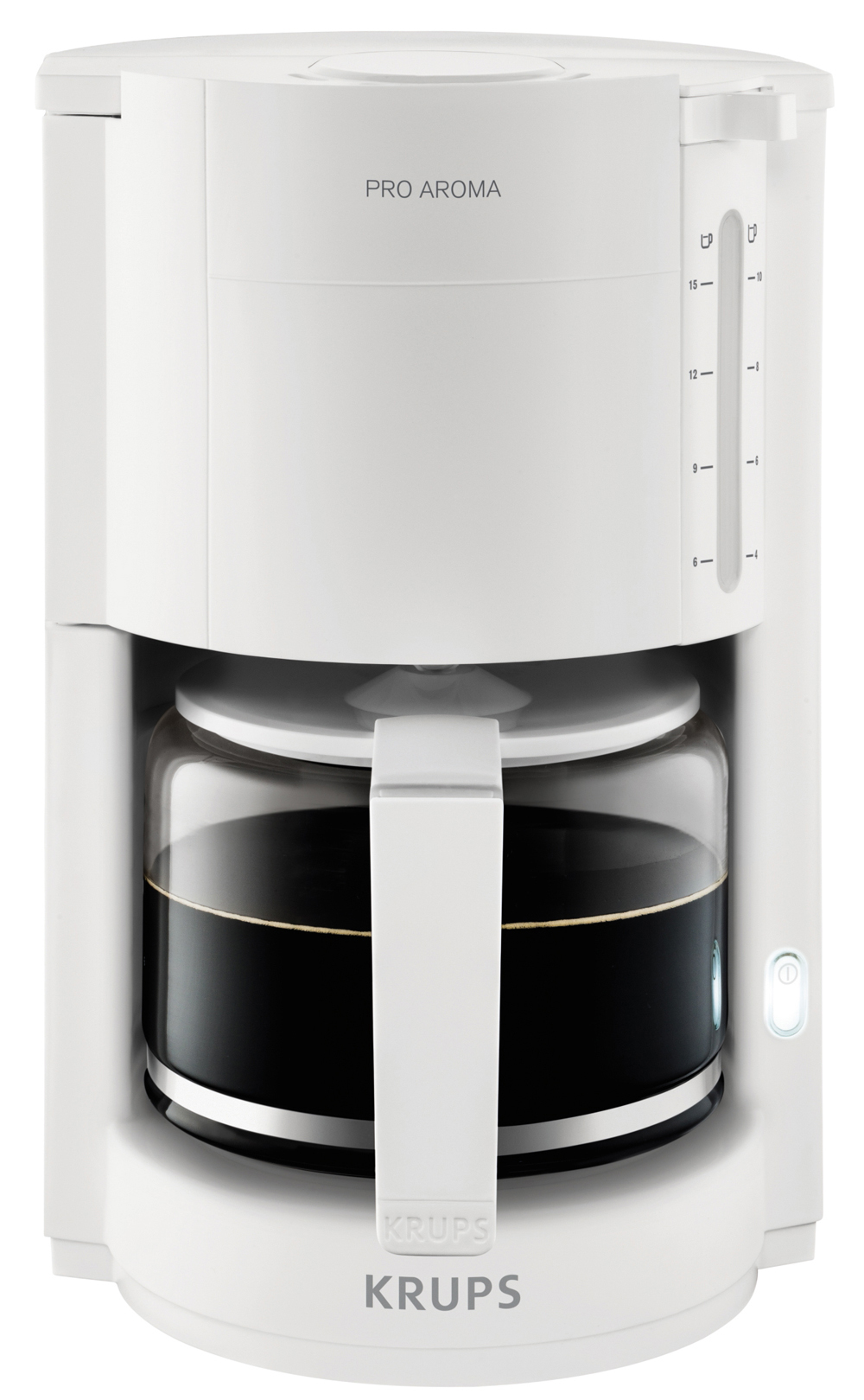 Ein weißer Krups Pro Aroma Kaffeemaschine mit einer Glaskaraffe, die mit Kaffee gefüllt ist.