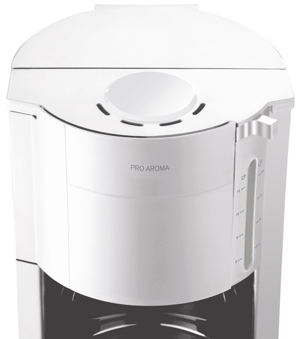 Nahaufnahme einer weißen Kaffeemaschine. Sie hat eine Wasserstandsanzeige und die Worte 'PRO AROMA'.