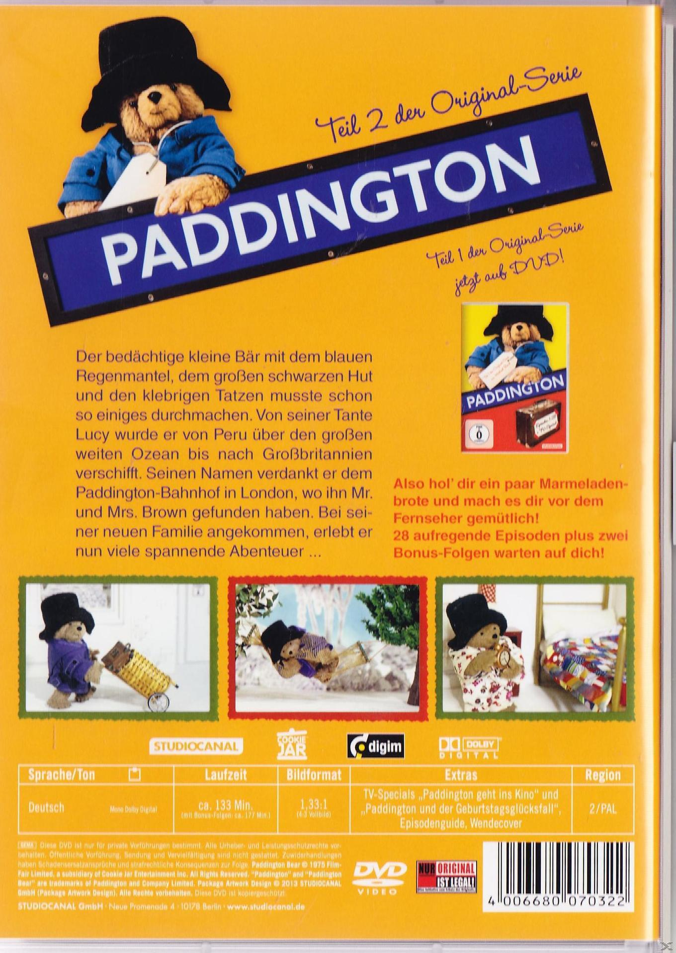 DVD-Rückseite: Paddington Bär Illustration, Text und ein kleines Bild.