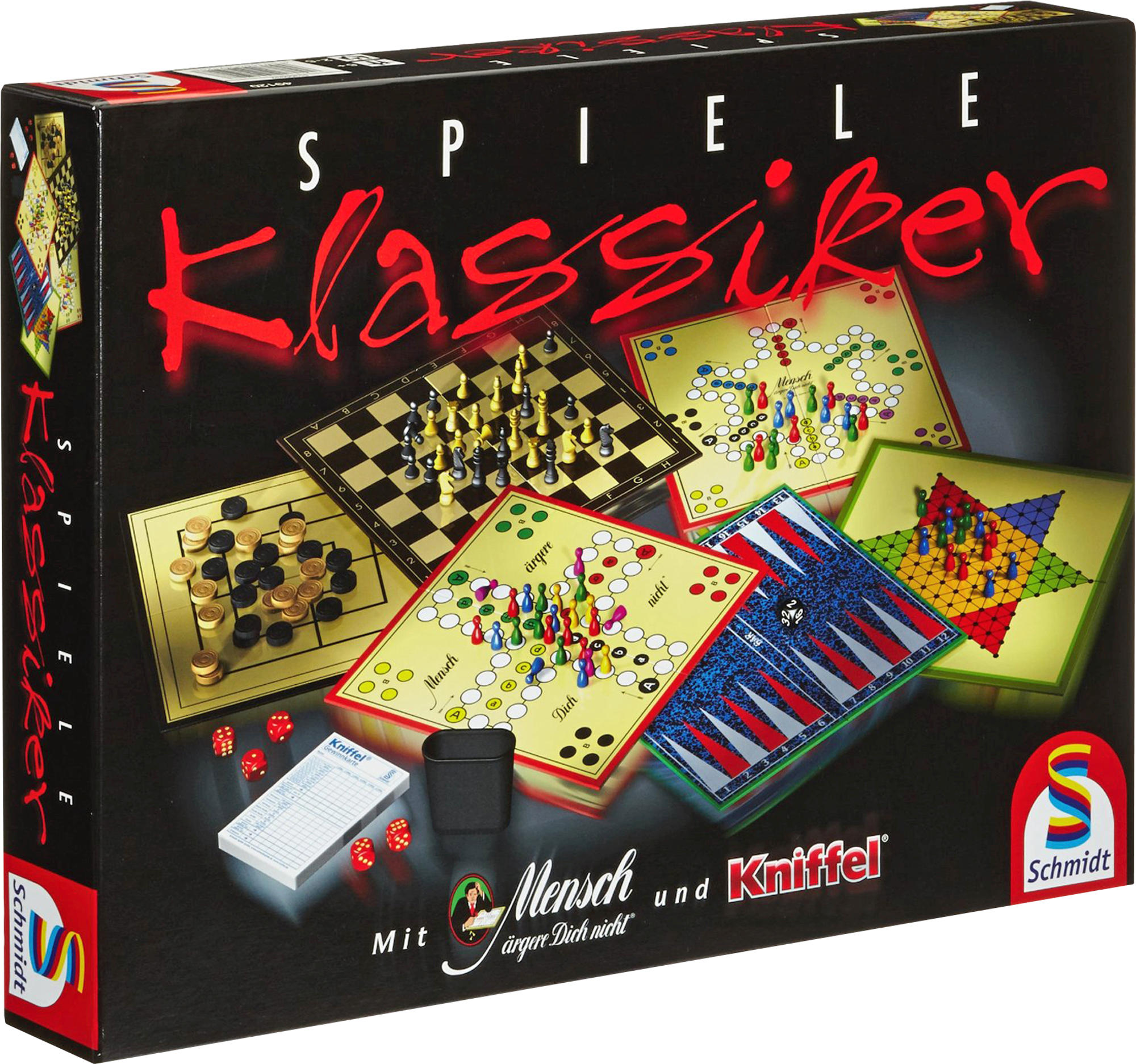 Schachtel des Brettspiels 'Klassiker'. Verschiedene Spielbretter sind auf der Schachtel zu sehen.