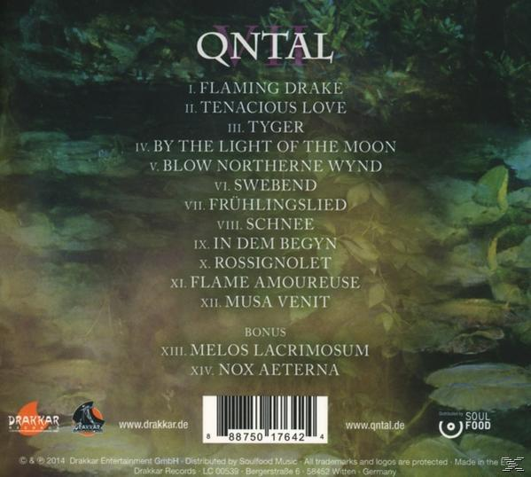 CD-Rückseite mit Titellisten. Text: 'QNTAL'. Enthält Drakkar Records und Soulfood Music Logos.