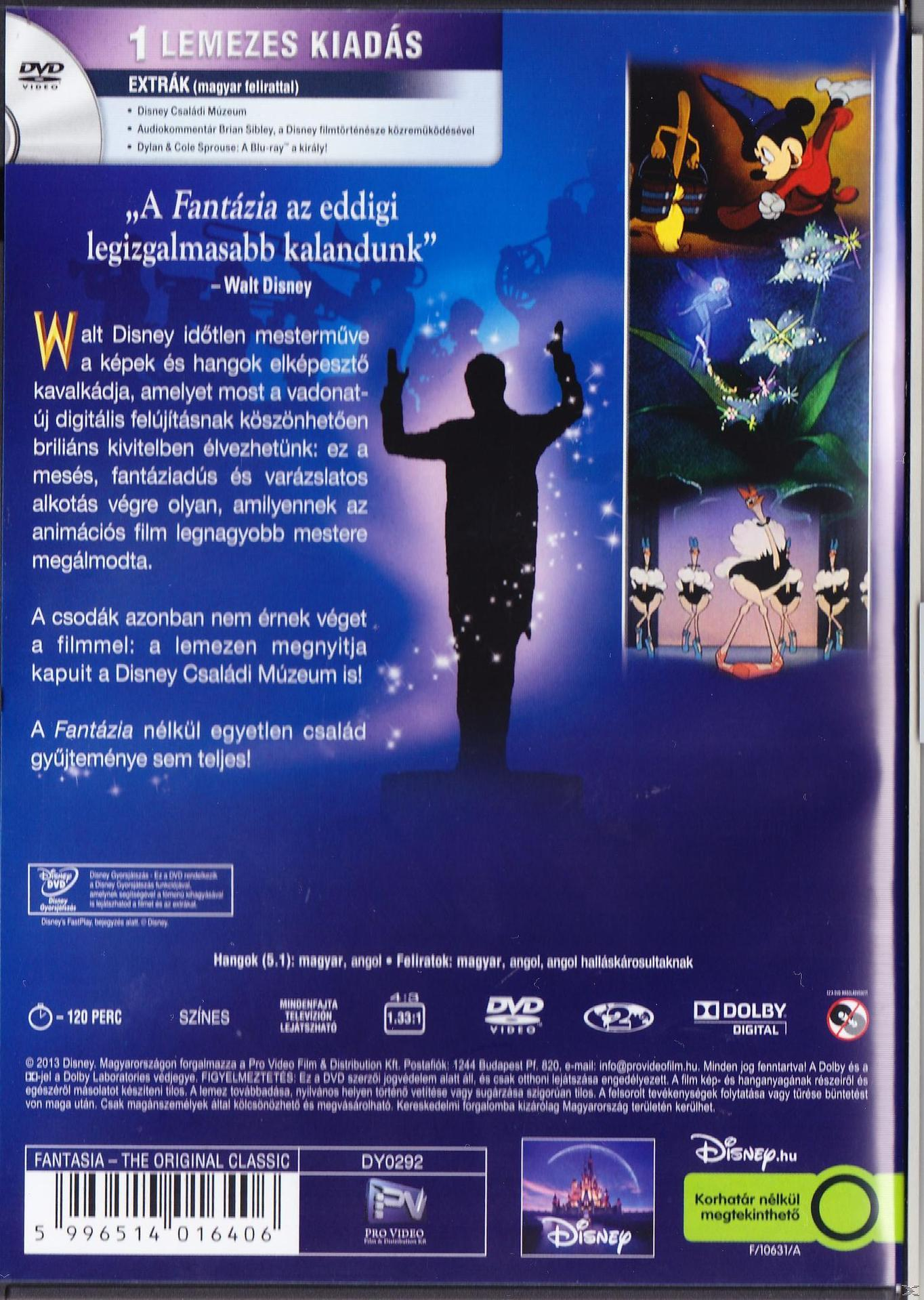 Fantasia DVD hátlapja. Animált karakterek és illusztrációk.