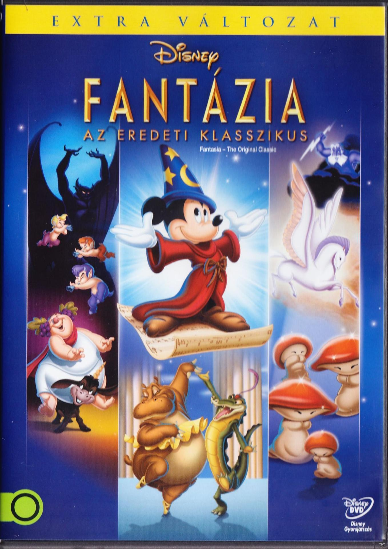 A 'Fantázia' DVD borítója Mickey egérrel, mint a varázsló inasa. Kék háttér.