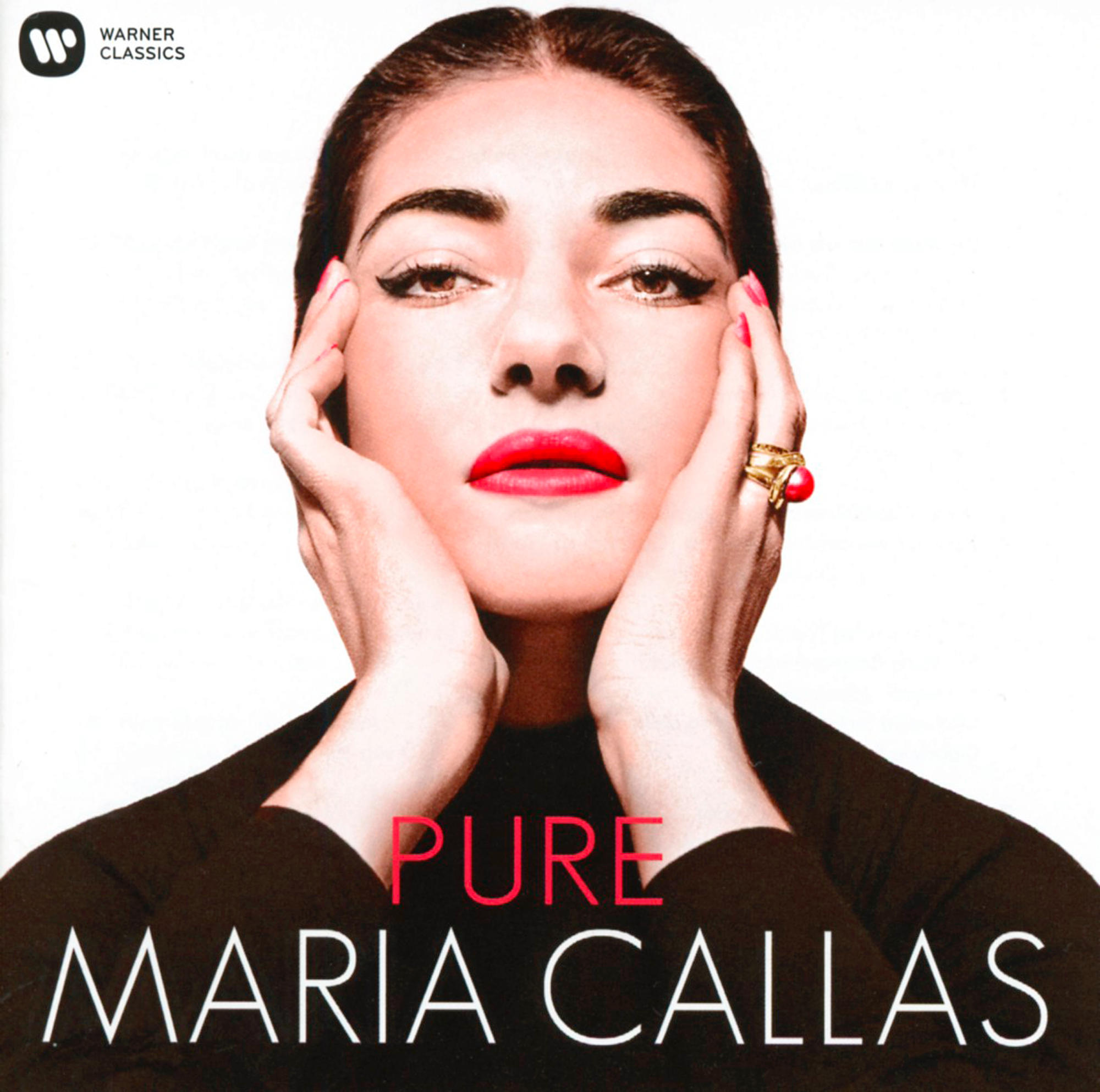 Albumcover mit einem Porträt von Maria Callas, roten Lippen und einem goldenen Ring.
