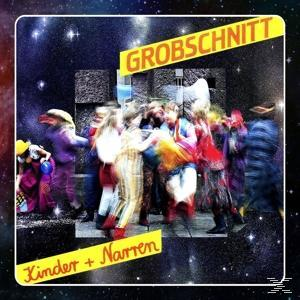 Albumcover. Gruppe von Menschen, die tanzen, mit einem gelben Banner mit GROBSCHNITT und Kinder + Narren.