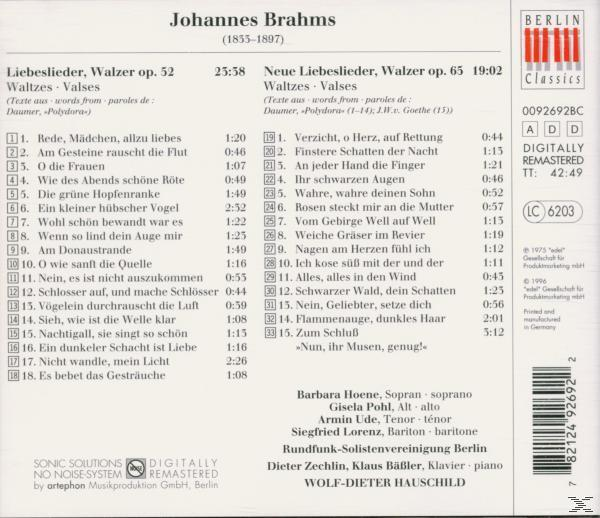 Text auf weißem Hintergrund mit einer Liste von Liedern und Credits. Album: Liebeslieder, Walzer op. 52.