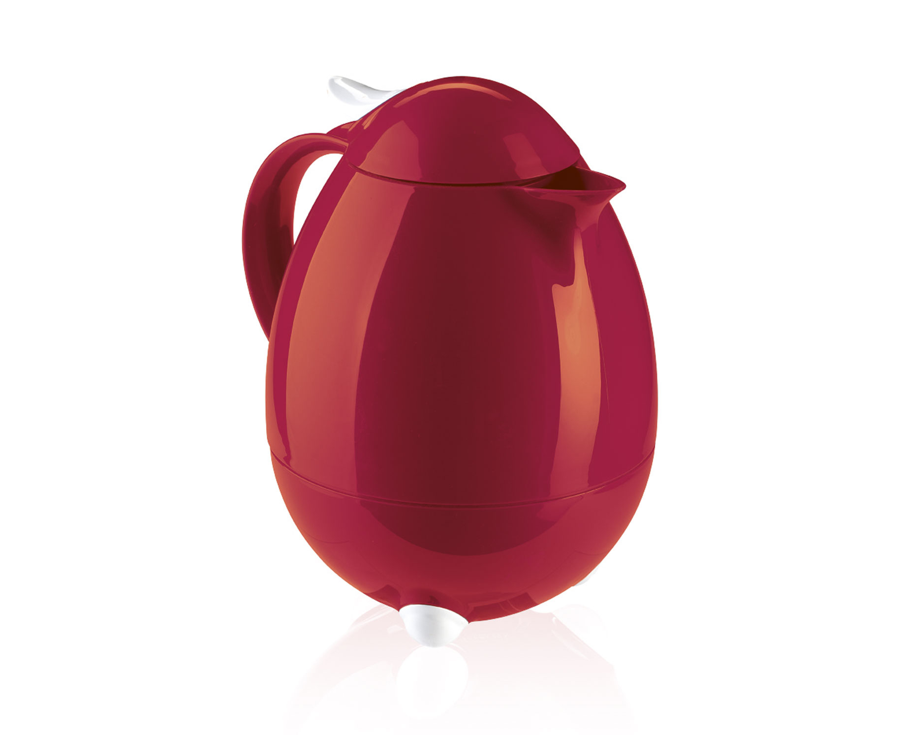 A red, egg-shaped electric kettle on a white background. Has a white handle and base.