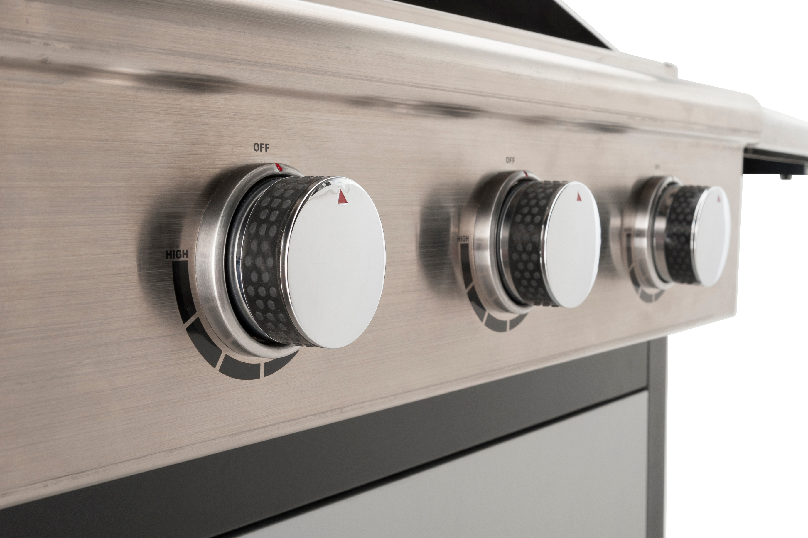 Nahaufnahme der Gasgrill-Bedienelemente. Drehknöpfe sind silber und weiß.