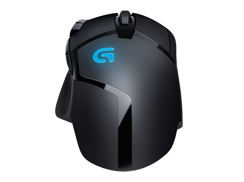 Oyun faresi: Siyah, mavi ışıklı logo, fütüristik tasarım, şık ve modern.