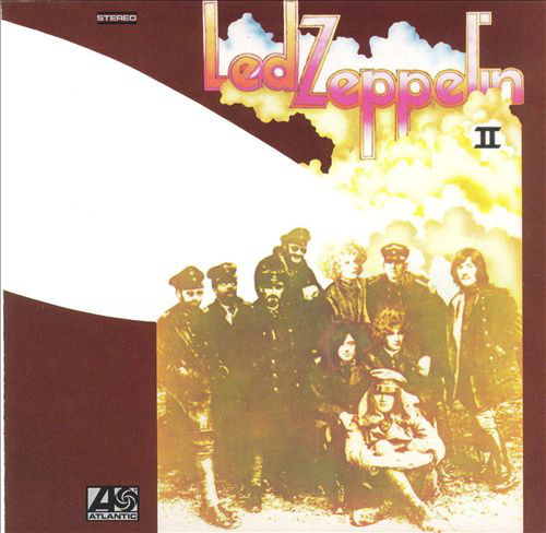 Album borító: Led Zeppelin II. Csoportkép középen, barna-fehér háttér.