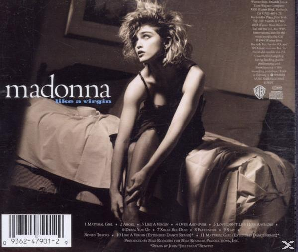Madonna's Like a Virgin CD-Cover. Madonna sitzt auf einem Bett und schaut weg. Albumtitel und Trackliste stehen unten.