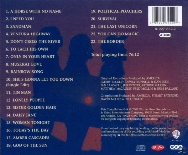 CD-Cover: Drei Personen im Schatten, mit Text, der die Songs auflistet. Dunkelblauer Hintergrund mit Text über die Band America.