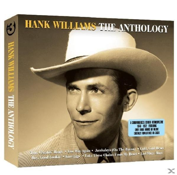 Hank Williams The Anthology CD-doboz. Hank Williams portréja cowboykalapban. Szöveg a dalokról.