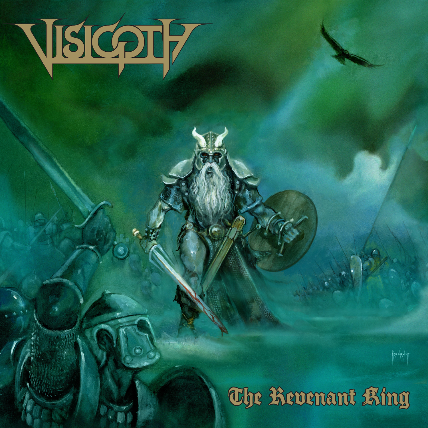 Albumcover zeigt einen Wikingerkrieger im Kampf mit Schwertern und einem Vogel. Das Album heißt "The Revenant King".