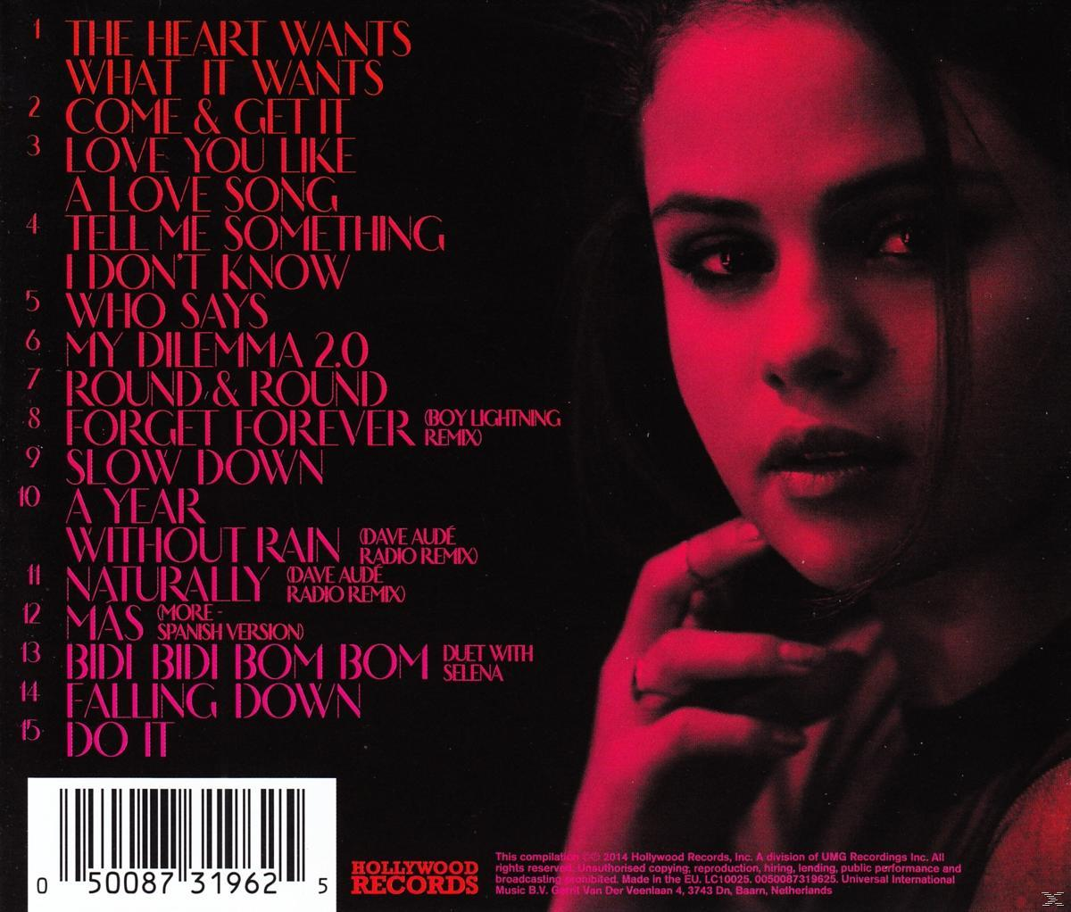 Rückseite einer CD mit Selena Gomez und Songtiteln auf rotem Hintergrund.