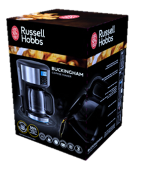 Egy Russell Hobbs kávéfőző doboz. A termék képe látható a dobozon.