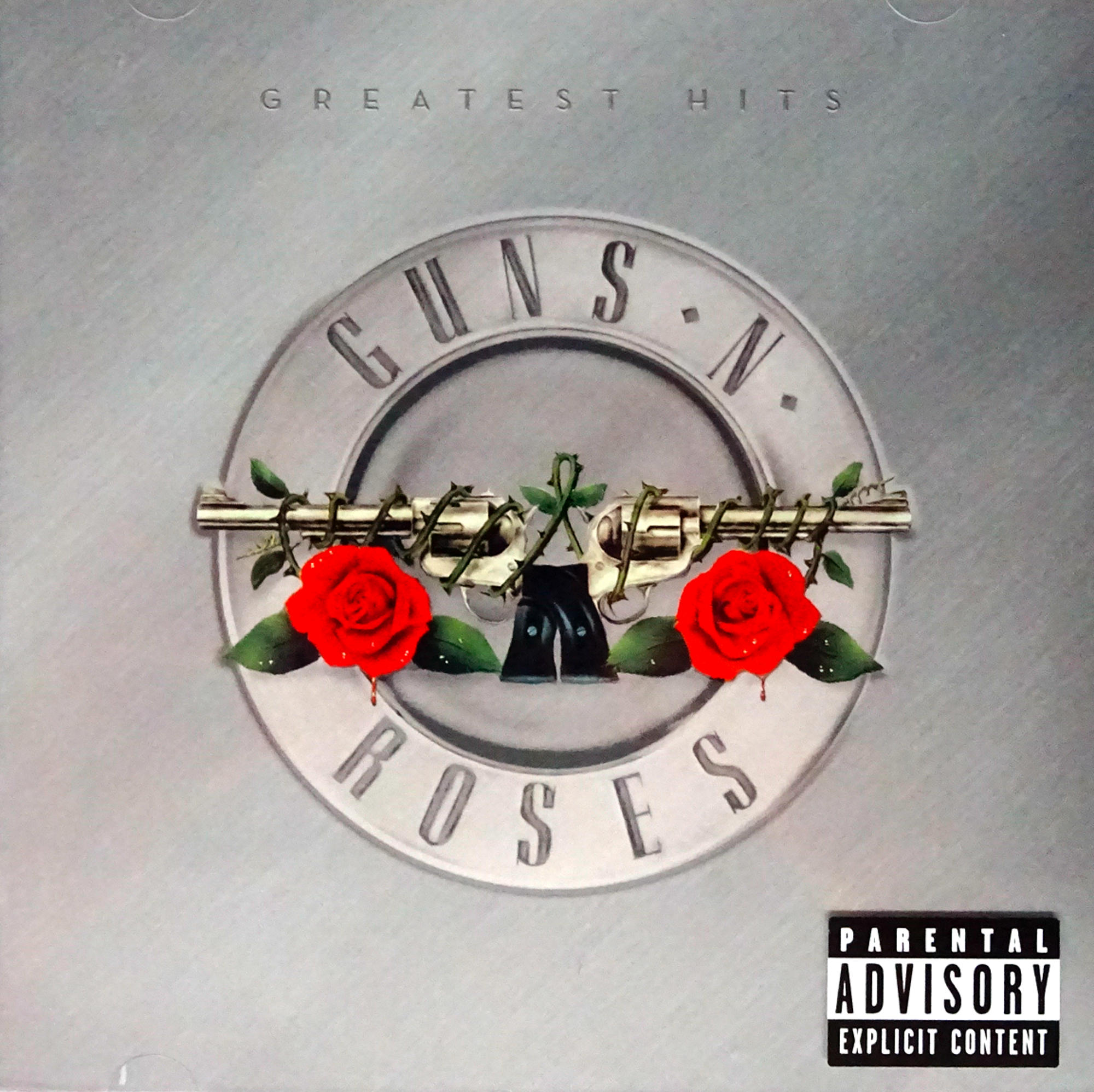 Album borító, Guns N' Roses logó pisztollyal és rózsákkal. A Parental Advisory logó a jobb alsó sarokban.