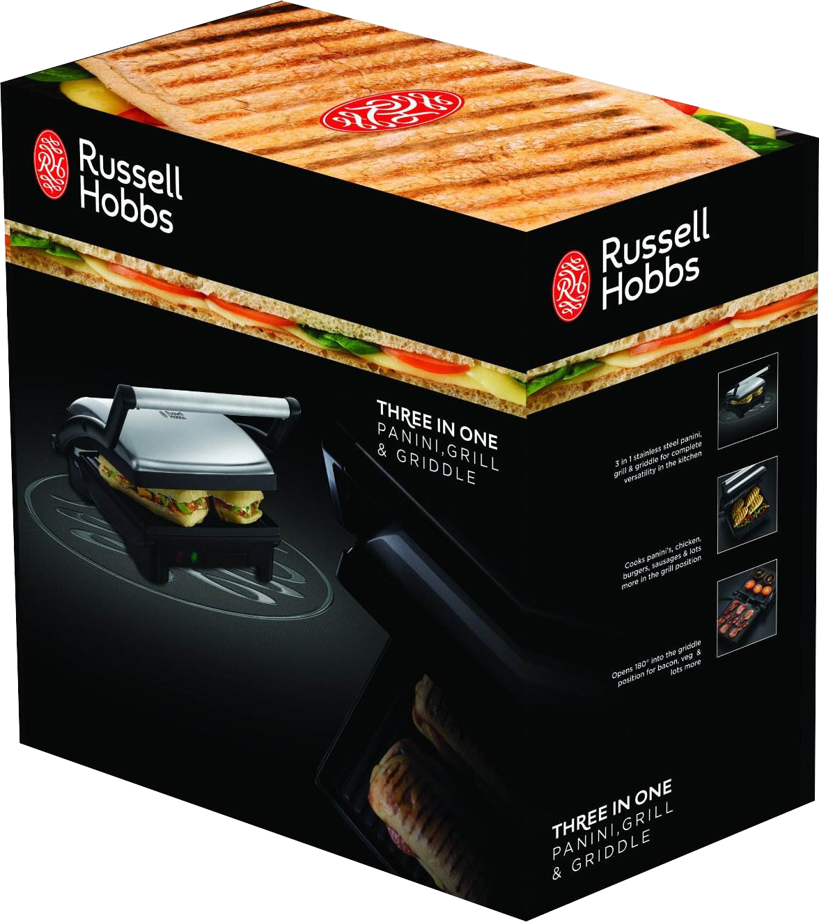 Termék csomagolás: Russell Hobbs panini grill doboz, fekete, grill kép, 'Three in One' felirat.