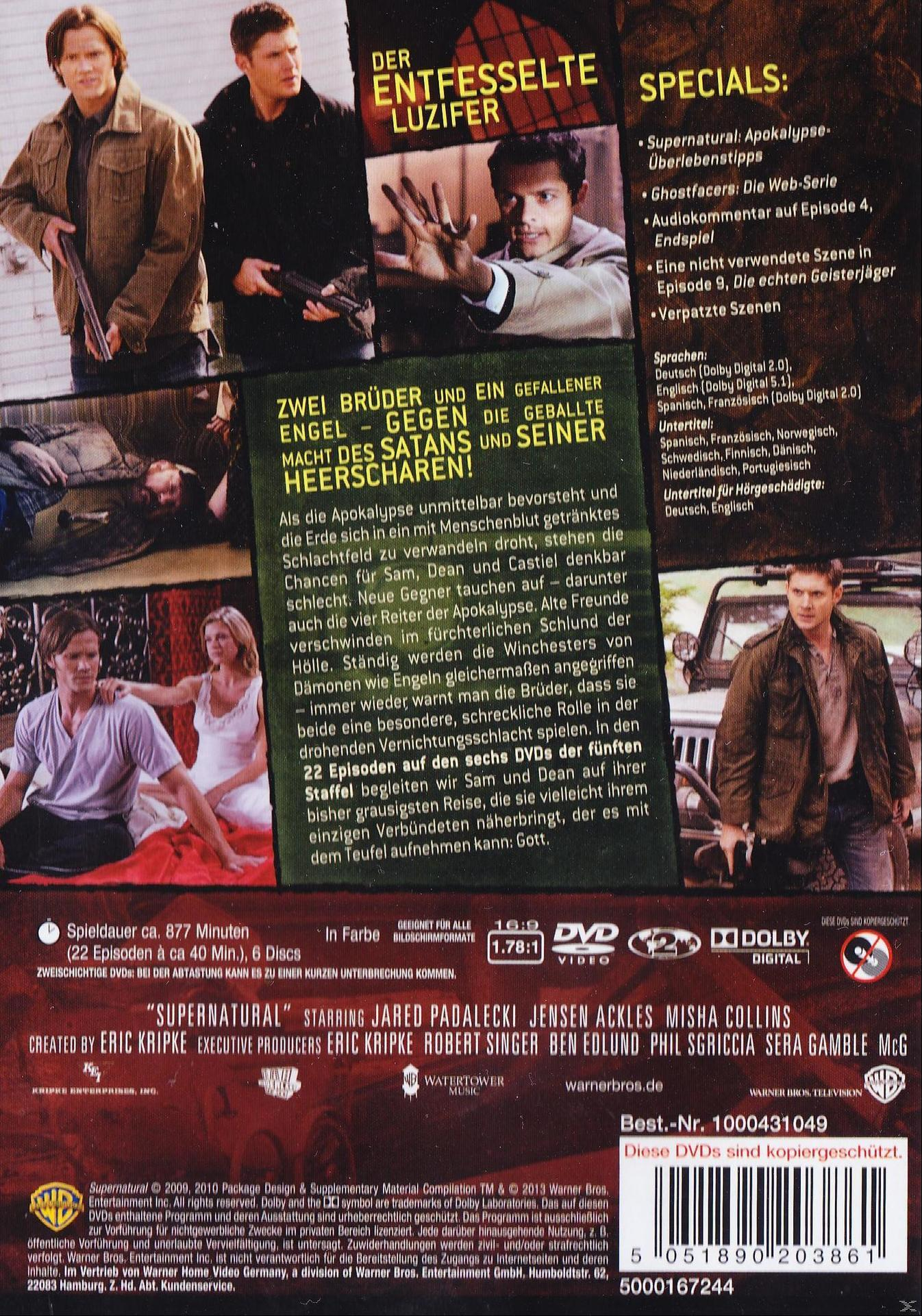 Supernatural DVD-Rückseite. Fotos der Besetzung, Episodendetails und besondere Merkmale sind aufgeführt.