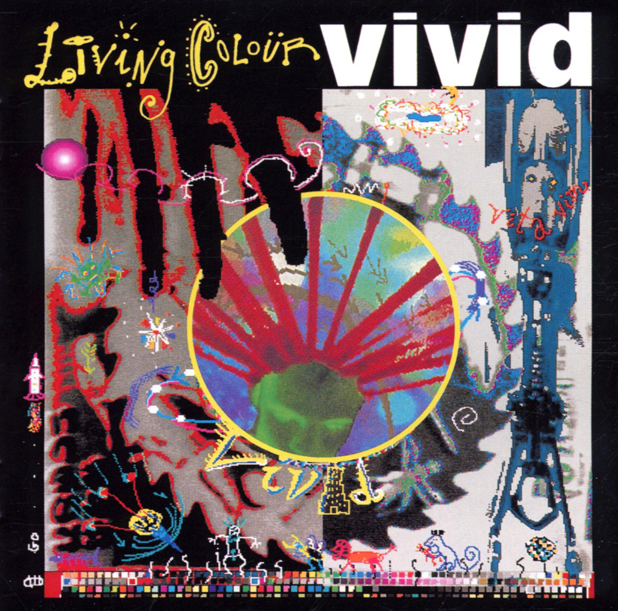 Albumcover von Living Colour's 'Vivid'. Farbenfrohes abstraktes Design mit Bandname und Titel.