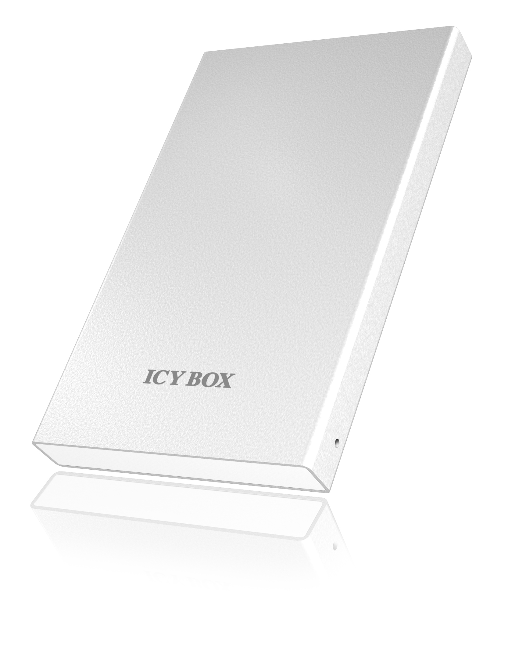 Eine weiße rechteckige Box mit dem Aufdruck 'ICY BOX' auf weißem Hintergrund, leicht angewinkelt.
