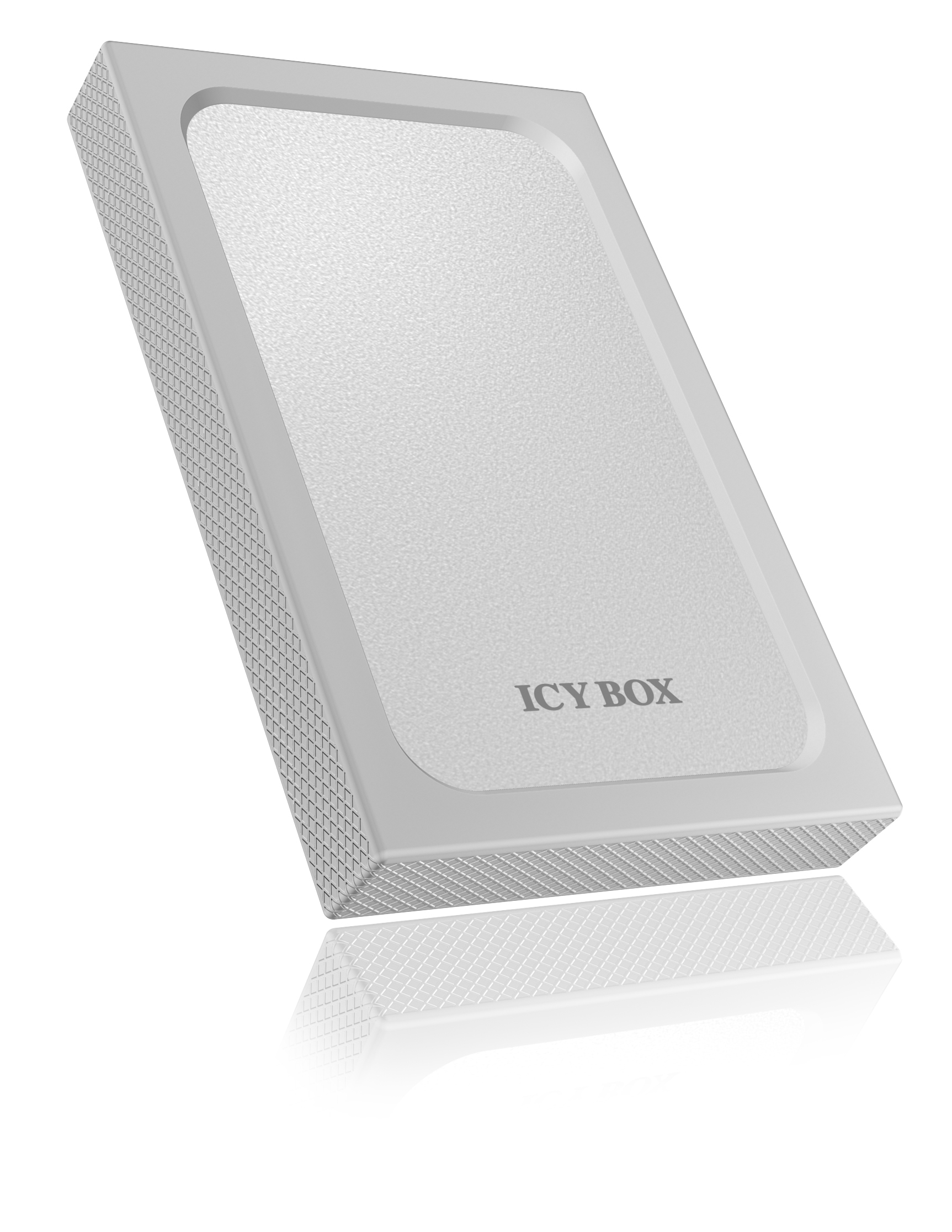 Weißes 'ICY BOX'-Gerät. Grauer Rahmen, metallische Textur. Schräge Ansicht, Reflexion auf weißer Fläche.
