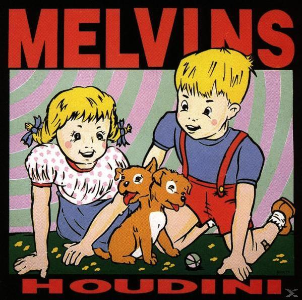 Zwei Kinder und ein Hund mit zwei Köpfen vor einem gestreiften Hintergrund. Melvins Houdini.