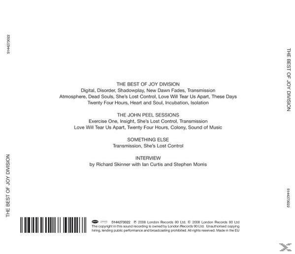 CD-Cover mit Songtiteln und Credits. Text: The Best of Joy Division. Schwarz-Weiß-Hintergrund.