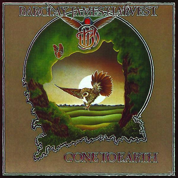 Albumcover: Eule fliegt, Bäume, Schmetterling, Text 'Barclay James Harvest Gone to Earth'.