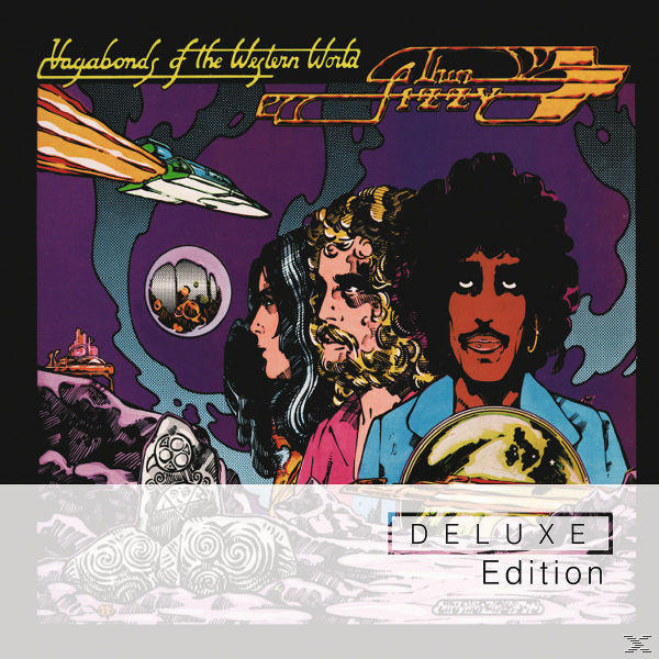 Albumcover von Thin Lizzy. Das Bild zeigt drei Personen, ein Raumschiff und ein Deluxe-Edition-Banner.