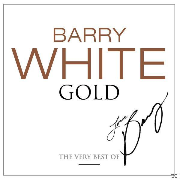 Weißes Albumcover mit braunem Text: Barry White Gold. Signatur unten.