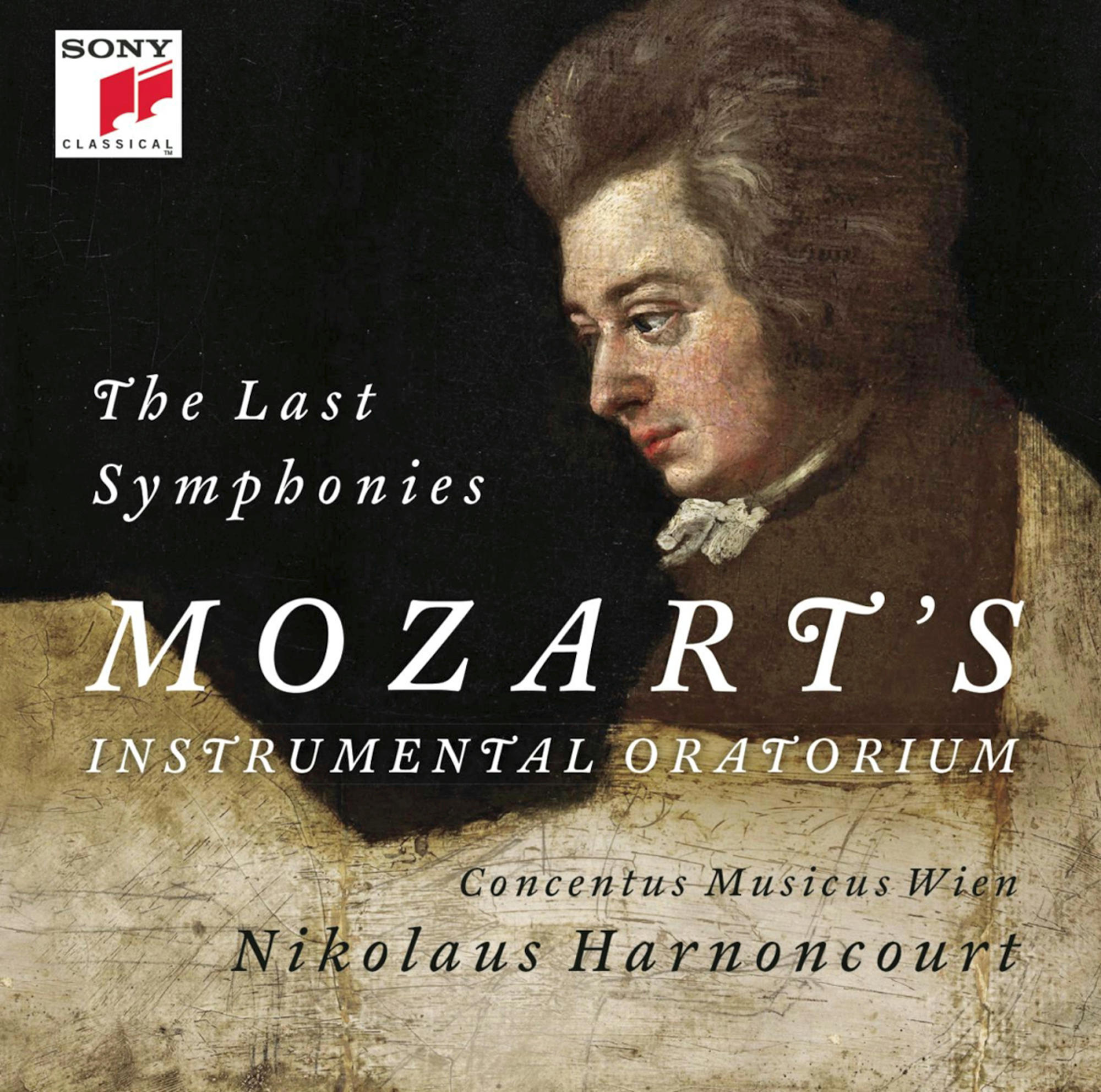 Albumcover für Mozarts Instrumental Oratorium, mit einem Porträt von Mozart. Dunkler Hintergrund.