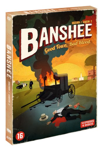 Pochette de DVD pour la série télévisée "Banshee". Elle montre une diligence en feu et un corps. La série est "Saison 2".