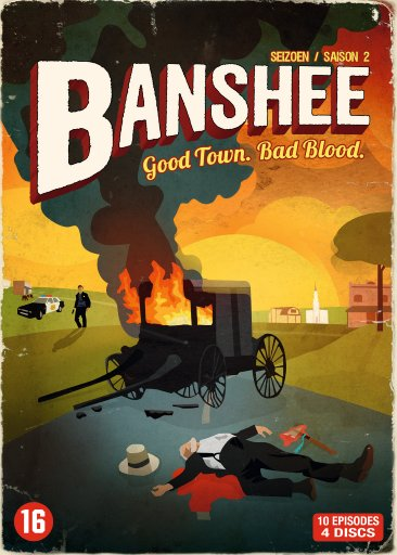 Jaquette DVD Banshee avec une voiture en feu, un cadavre et le texte 'Good Town. Bad Blood'.