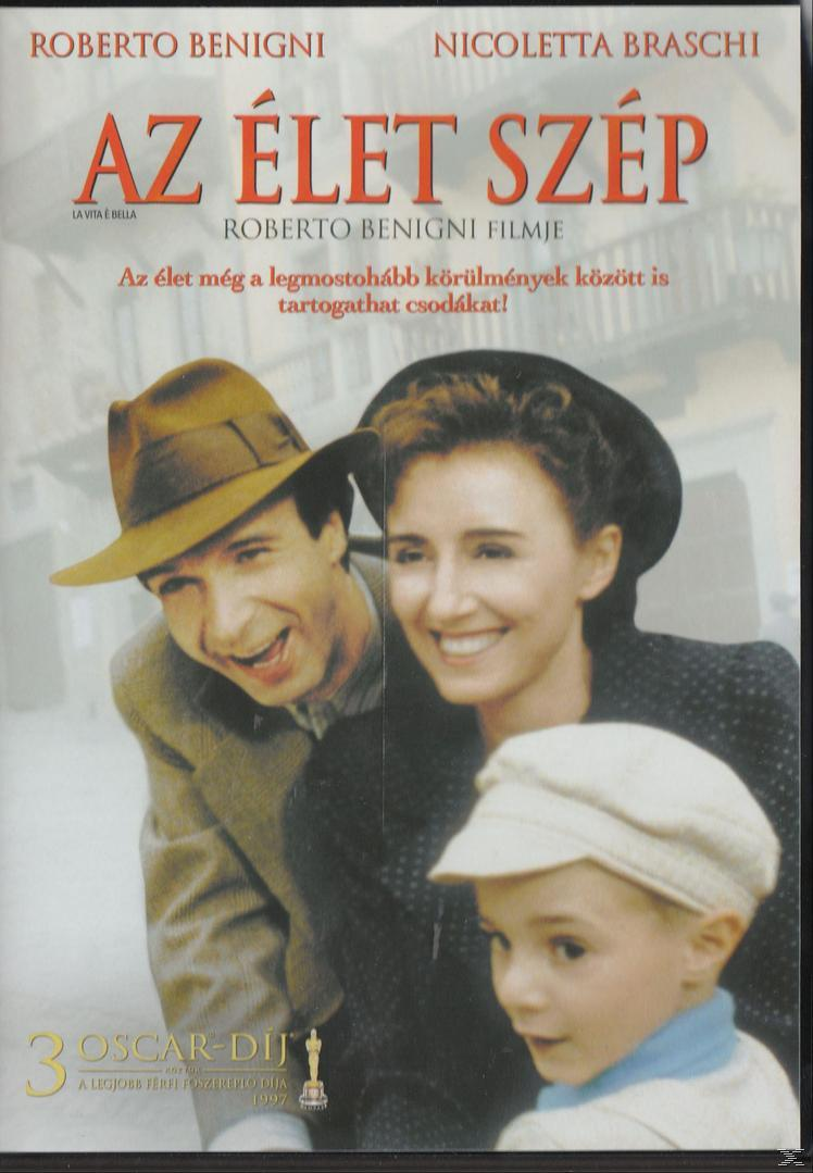'Az Élet Szép' filmplakát, három mosolygó ember, kalapos férfi, kalapos fiú.