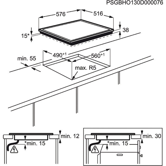 Diagramme d'une table de cuisson montrant les dimensions et les détails d'installation.